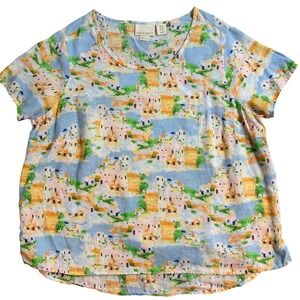 Cynthia Rowley Linen Top 1X Blue Multi Village Print Short Sleeve Blouse